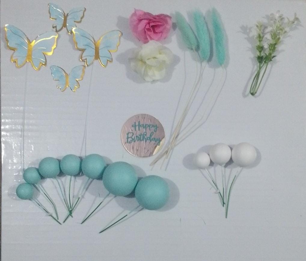 Teal Faux Ball Cake Topper Set with Butterflies & Flowers
