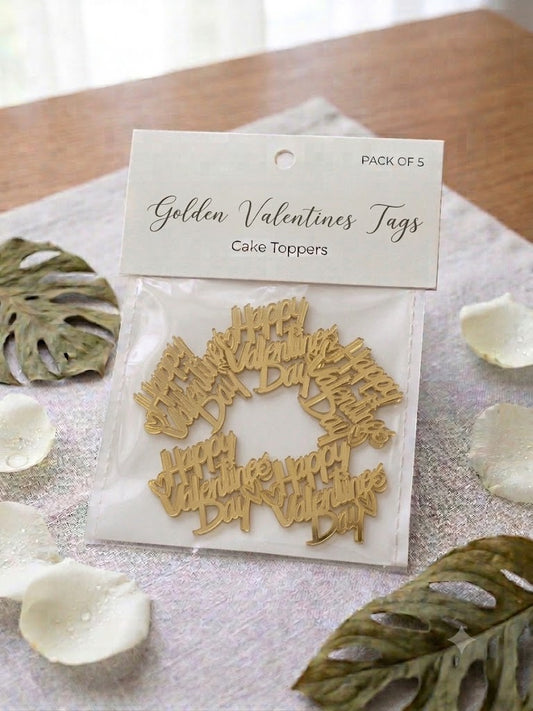 Acrylic Happy Valentine's Day Cake Tags – Pack of 5 Pcs | Premium Gold Mirror Cake Decoration Tags