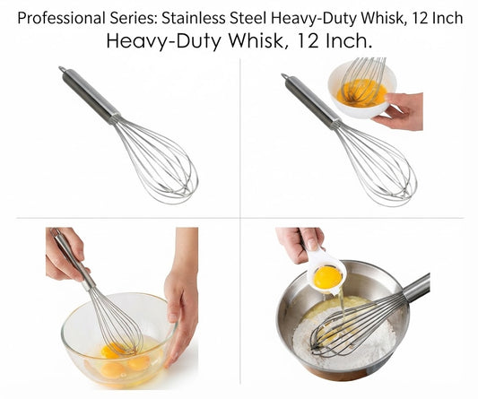 12 Inch Stainless Steel Heavy Whisk for Baking & Cooking | Professional Hand Whisk for Mixing & Beating