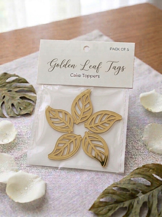 Acrylic Leaf Cake Tags – Pack of 5 Pcs | Premium Gold Mirror Cake Decoration Tags
