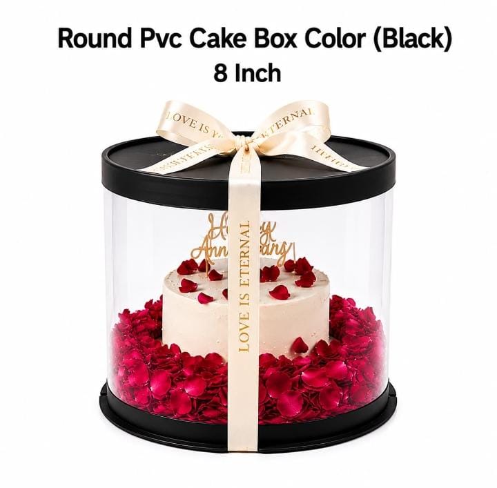 Round PVC Cake Box – Black 8 Inch | Premium Cake Packaging Box