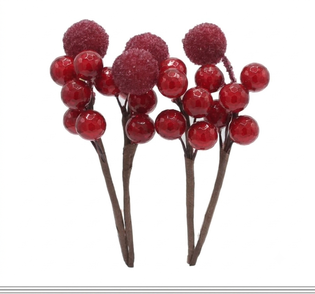 Red Berries 4 Sticks | Artificial Cake Decoration Berries for Cakes & Desserts