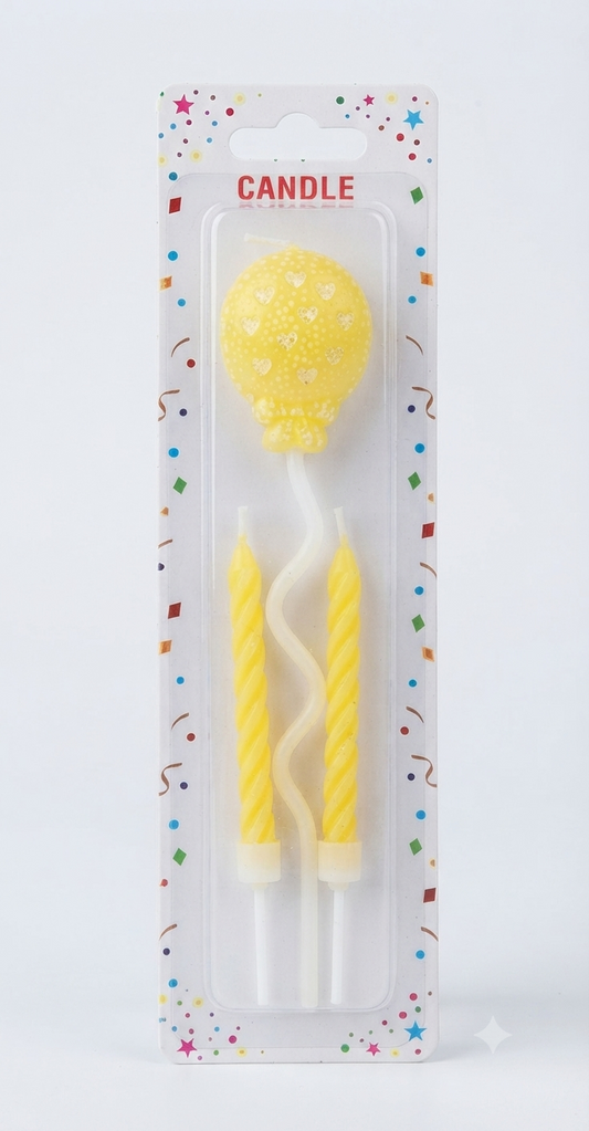 Yellow Spiral & Balloon Candle Set | Birthday Cake Candles for Party Decoration