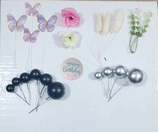 Black Faux Ball Cake Topper Set with Butterflies & Flowers