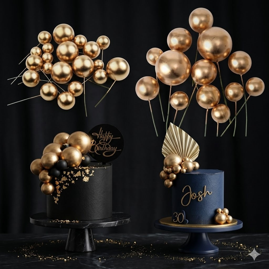Golden Faux Ball Cake Toppers (20 Piece Pack) – Metallic Gold Cake Decoration Balls