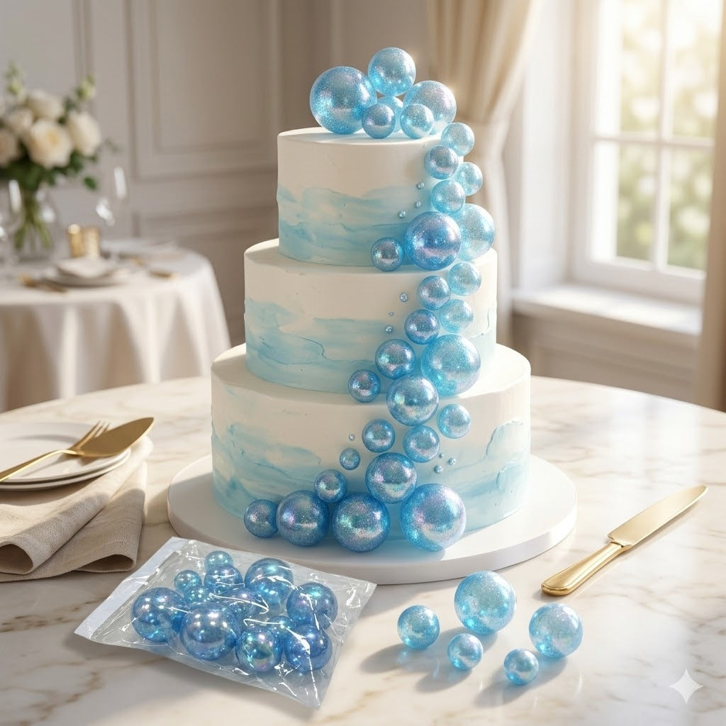 Blue Crystal Faux Ball Cake Toppers – Elegant Shimmering Blue Cake Decoration Balls