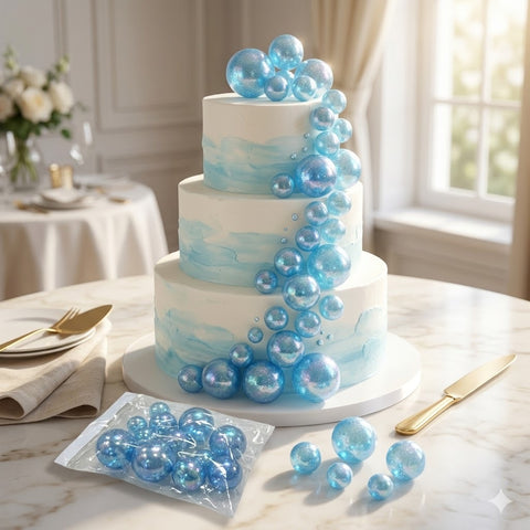 Blue Crystal Faux Ball Cake Toppers – Elegant Shimmering Blue Cake Decoration Balls