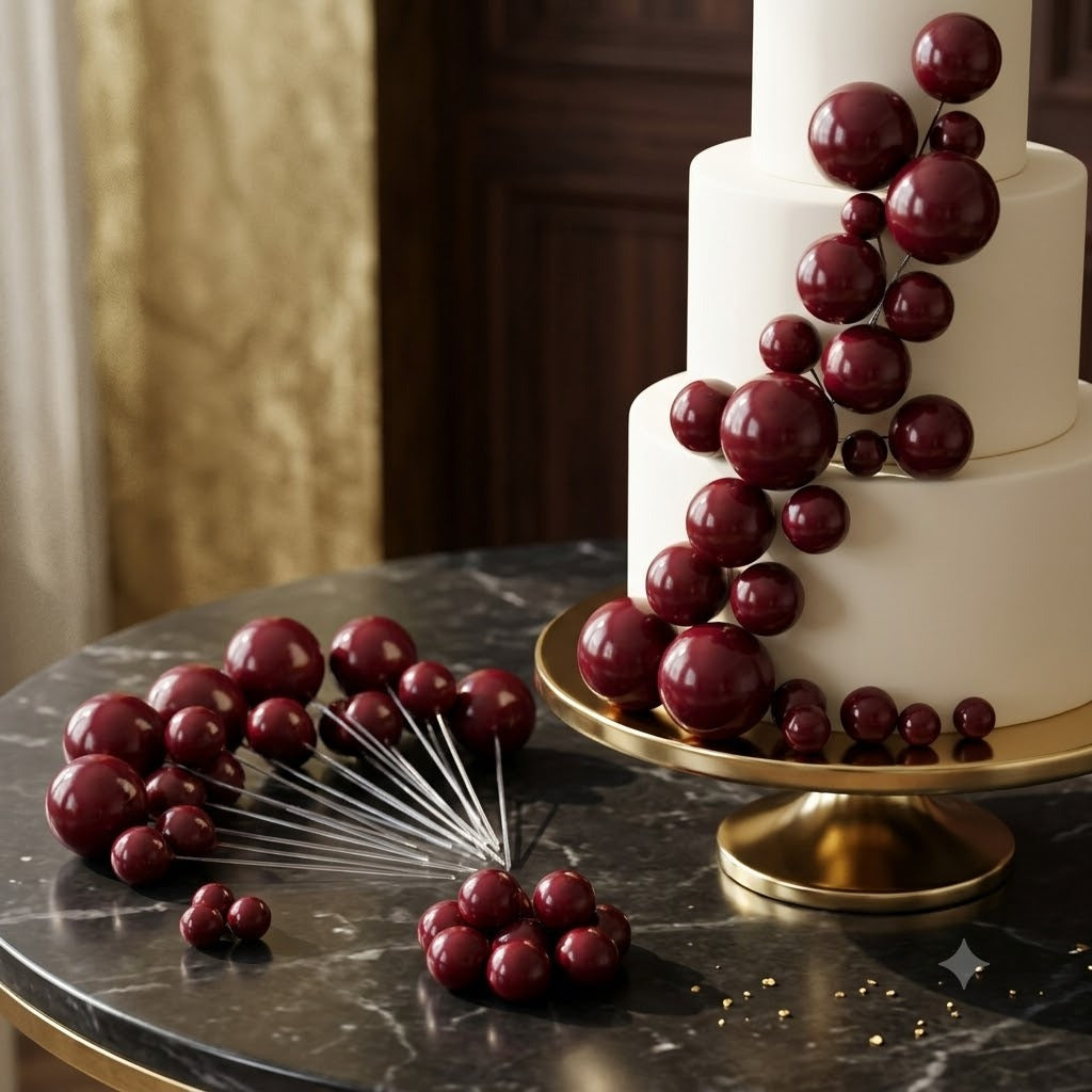 Maroon Faux Ball Cake Toppers (20-Piece Pack) – Elegant Deep Maroon Cake Decoration Balls