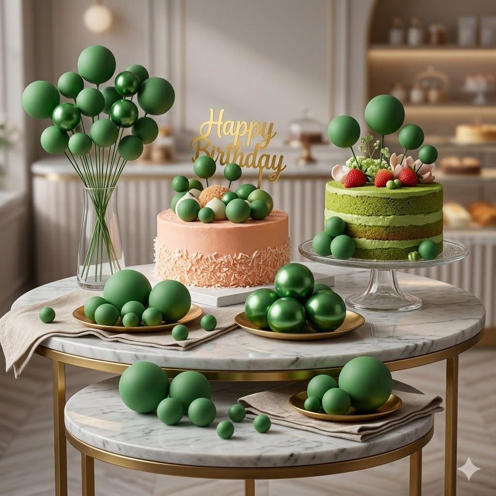 Green Faux Ball Cake Toppers (20-Piece Pack) – Elegant Emerald & Mint Cake Decoration Balls