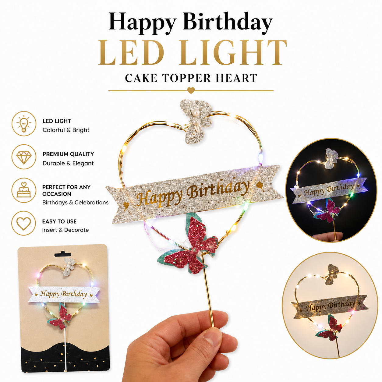 Happy Birthday LED Heart Cake Topper – Light-Up Heart Cake Decoration for Birthday Cakes