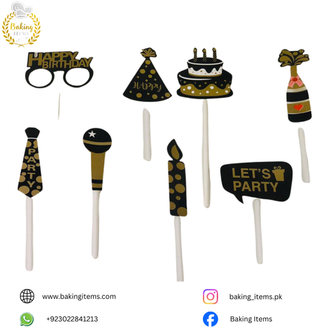 Black & Gold Birthday Theme Cake & Cupcake Toppers (Pack of 8)
