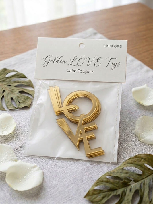 Acrylic Love Cake Tags – Pack of 5 Pcs | Premium Gold Mirror Cake Decoration Tags