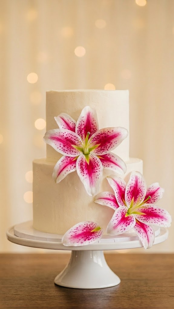 Pink Dotted White Lily Flowers – Elegant Decorative Cake & Dessert Flowers