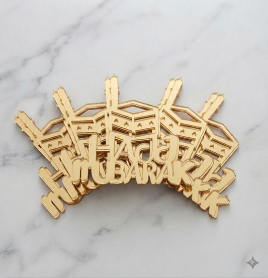 Hajj Mubarak Acrylic Cake Tags – Pack of 5 Pcs | Premium Islamic Cake Decoration Tags