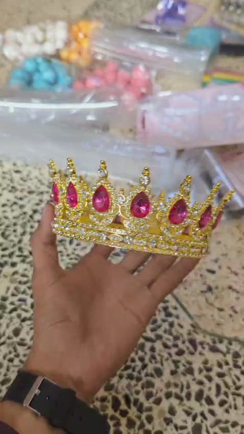 Metal Crown Cake Topper with Pink Stones – Premium Reusable Royal Crown for Cake Decoration