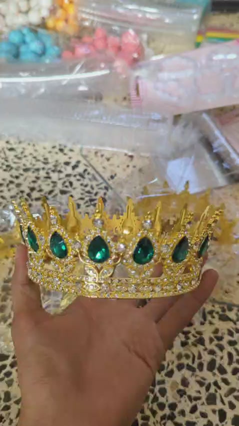 Metal Crown Cake Topper with Green Stones – Premium Reusable Royal Crown for Cake Decoration