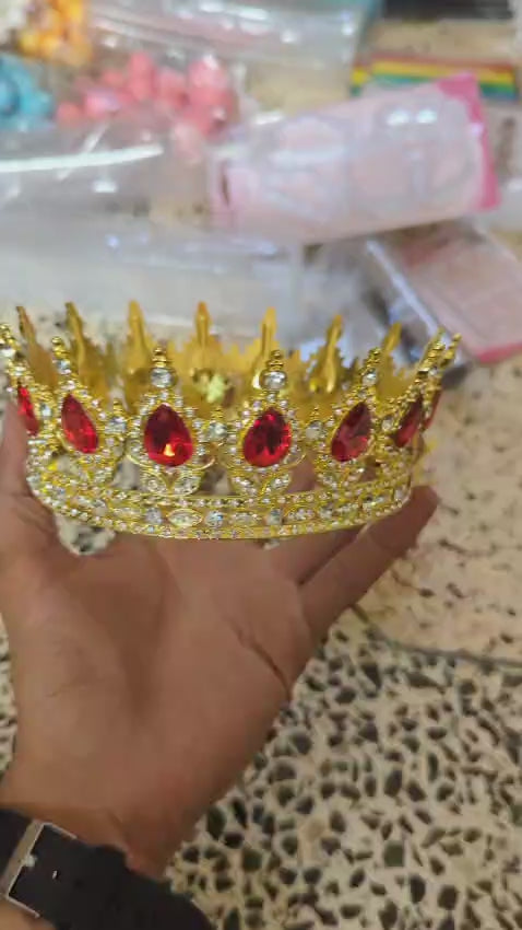 Metal Crown Cake Topper with Red Stones – Premium Reusable Royal Crown for Cake Decoration